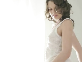 Elegant Beauty In White Stockings Uses Her New Dildo