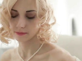 Desirable Blonde Teen In White Lingerie Masturbates